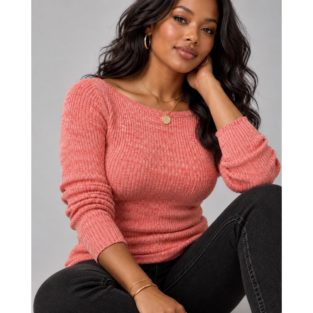 Ann Taylor Womens Coral Pink Marled Ribbed Boat Neck Lettuce Edge Sweater L NEW